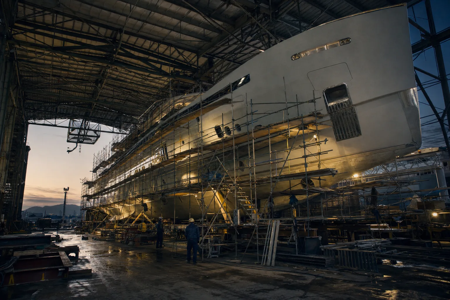 A large yacht under refit in a covered shipyard shed at dusk